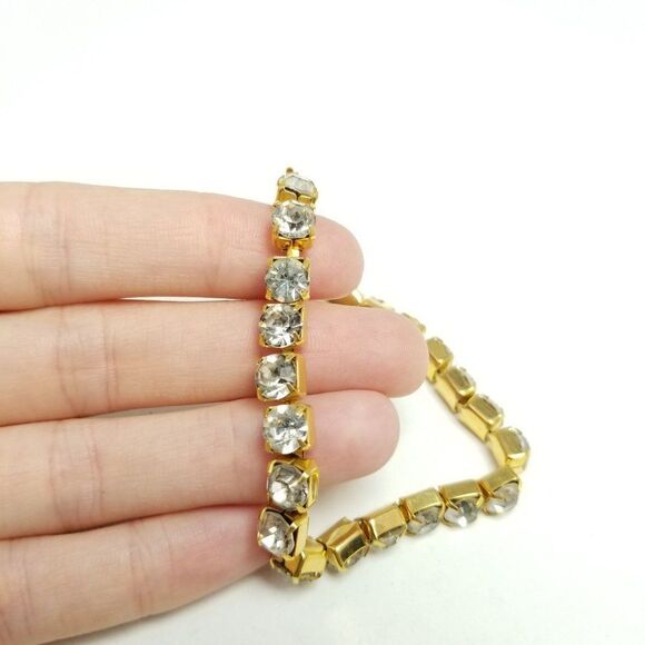 Vintage Rhinestone Bracelet, Gold Tone, Tennis Style, Sparkly Estate - Picture 2 of 5